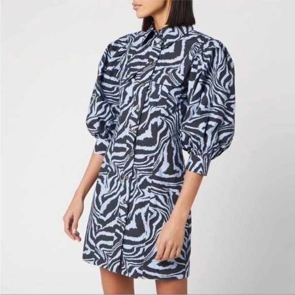 Ganni Blue Swirl Pouf Sleeve Dress NWT - Picture 1 of 12